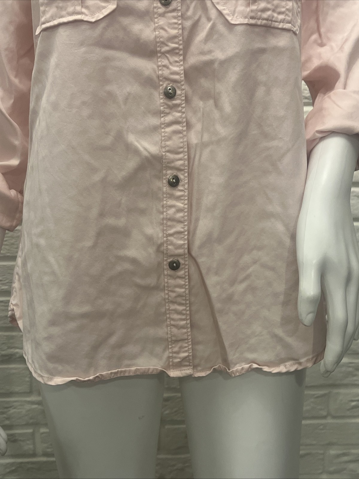 Intro ❤️ Collarless Button Front Lyocell Shirt Pale Pink Roll Tab Sleeve Size S