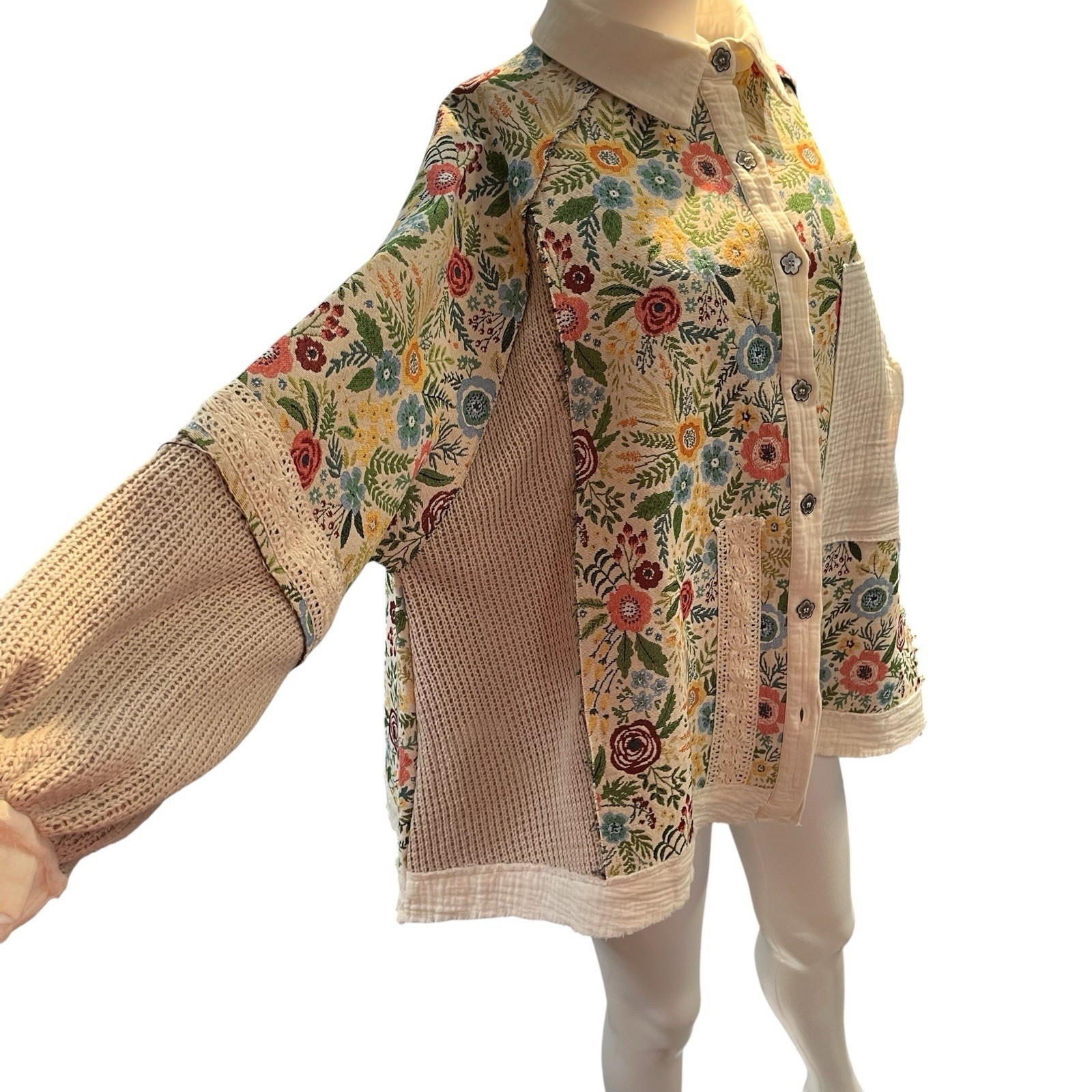 Pol Top Shacket Mixed Floral Tapestry Knit Crochet Oversized L Boho Hippie Layer