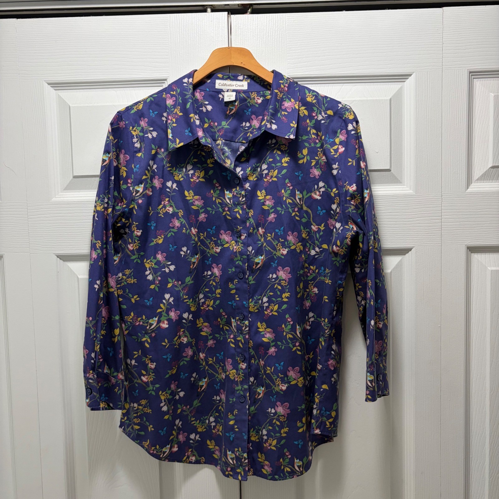 Coldwater Creek Purple Floral Butterfly Cotton Button Down Shirt Womens 12 17941