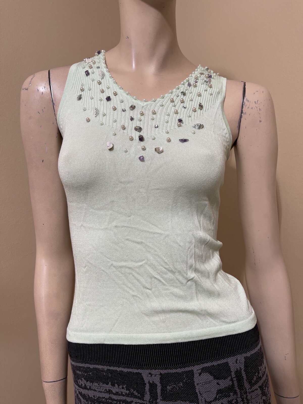 Women’s Mint Rayon Casual Stretch Slim Knitted Beaded Shells Size L Blouse Top