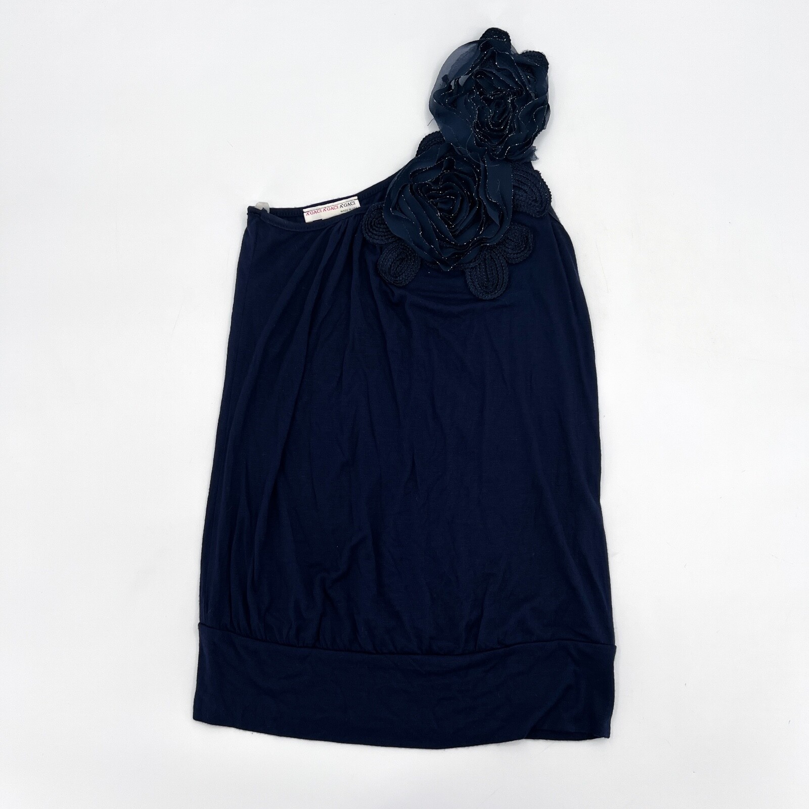 A’gaci Shirt Womens Small Navy Blouse Asymmetrical Rose Single Strap Embroidered