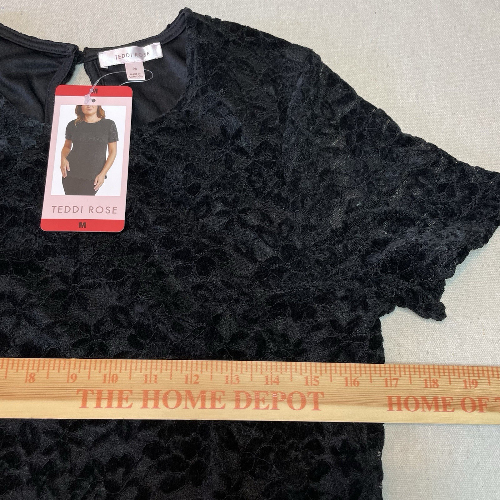 Teddi Rose Women Black Lace Velvet Burnout Top Shirt Short Sleeve Size Medium
