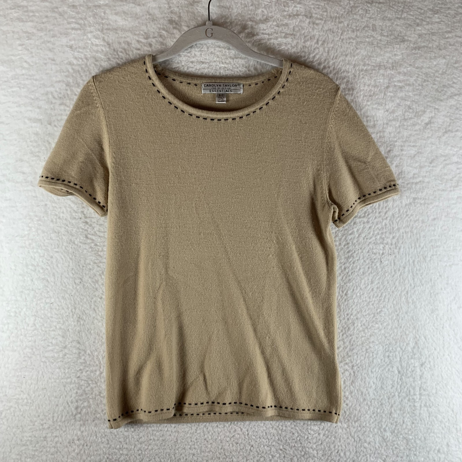 Carolyn Taylor T-Shirt Women’s Small Khaki Crew Neck Knitted Black Trim 7961
