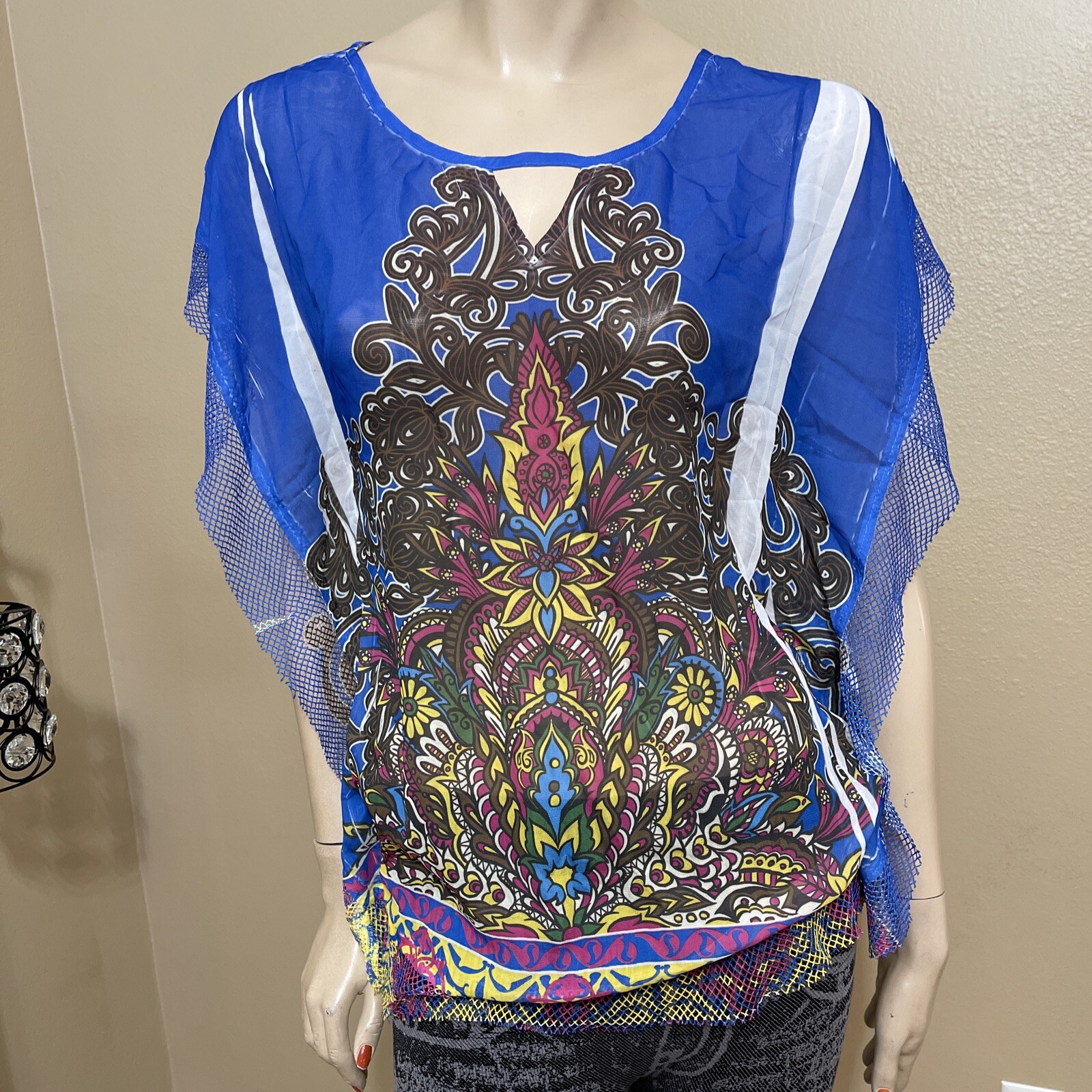 Women’s Blue Multicolour Polyester Relaxed Lace Lightweight Size L Top Blouse