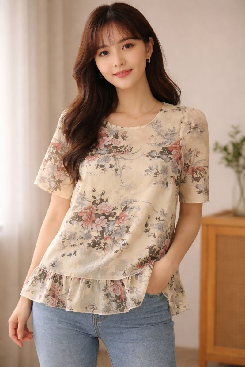 Korean Fashion Woman Top Short Sleeve Blouse Size Medium Beige Floral NEW