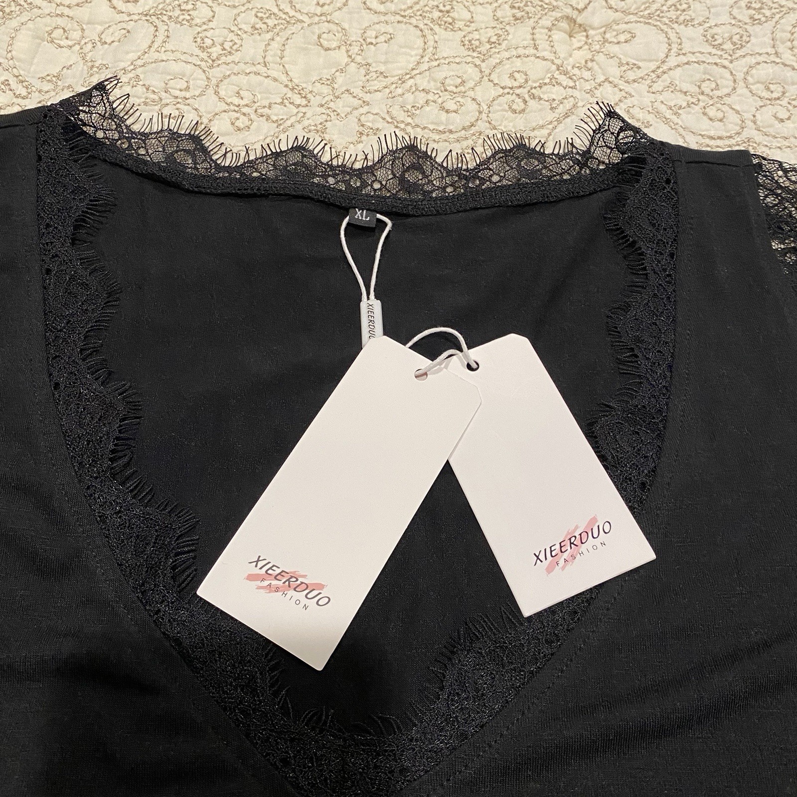NWT Xieerduo Fashion Women’s Elegant Black Lace Trim Top Size XL