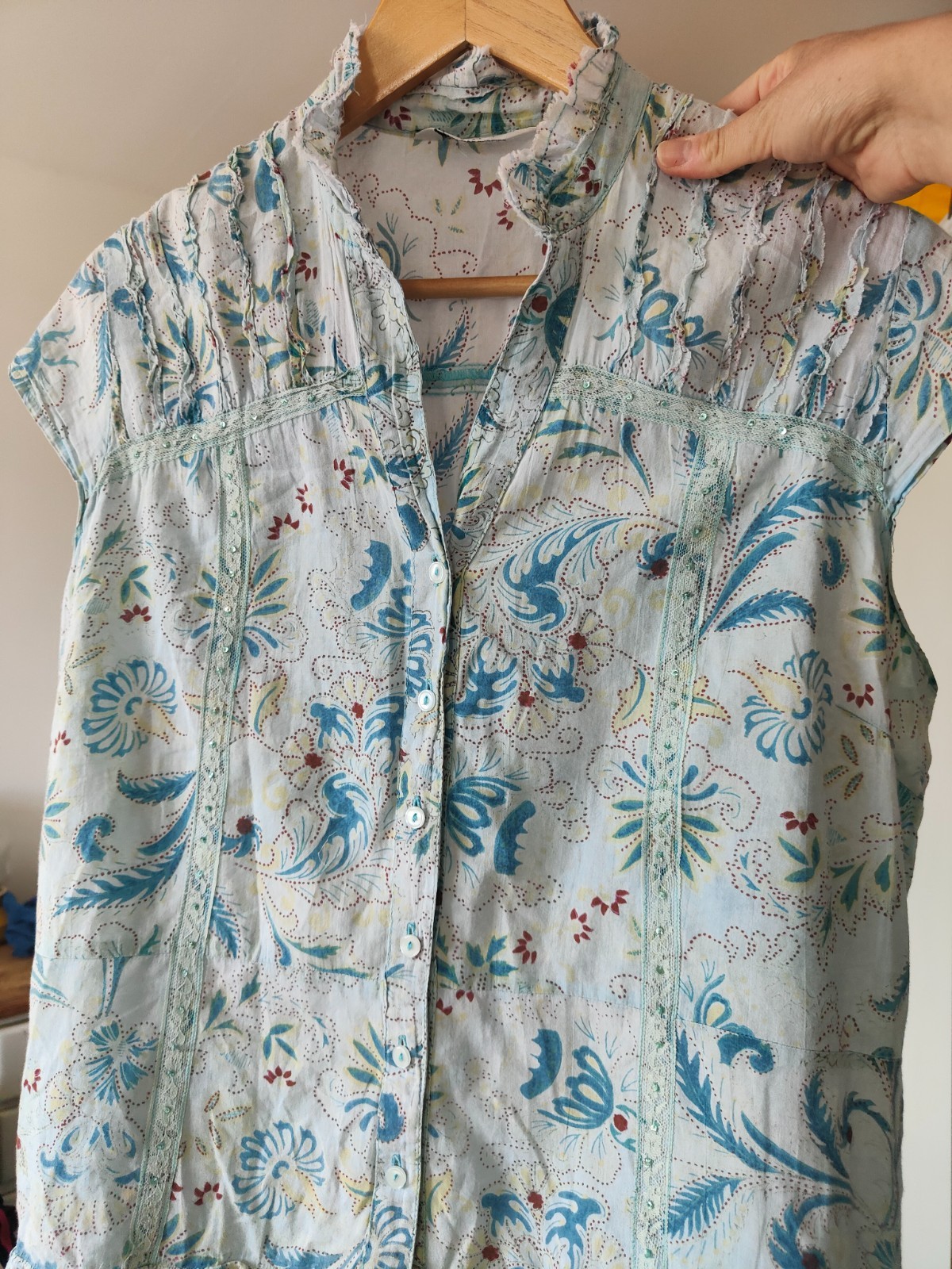 Y2K New Look Boho Shirt Cropped Blouse Button Down Top Thin 100% Cotton Sequin