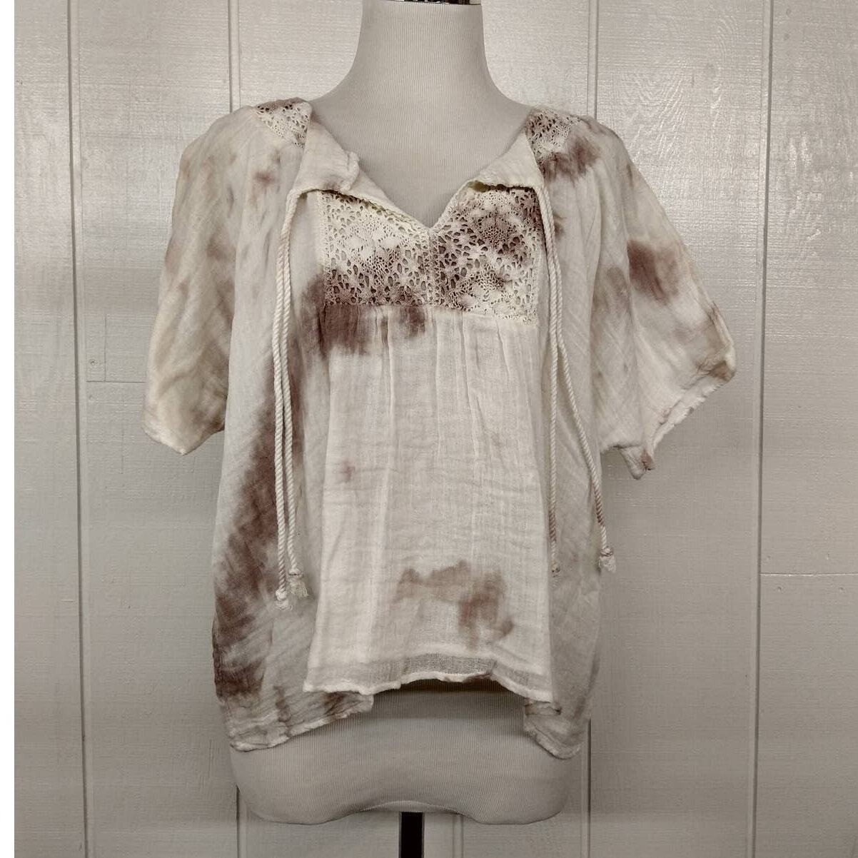 Hippie Laundry Boho Crop Blouse • Tie Dye Gauze • Crochet Neck • Size Small •NEW
