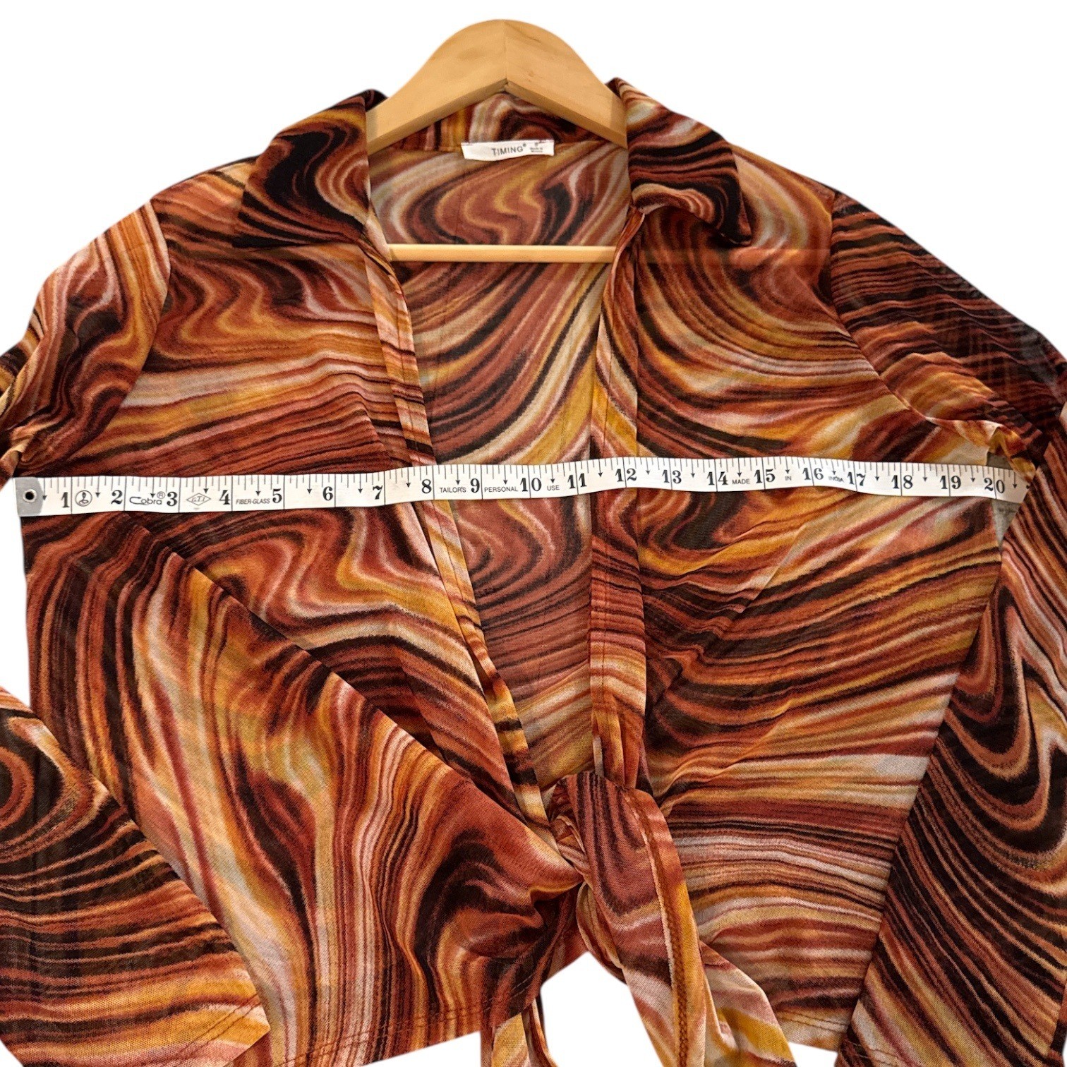 Timing Mesh Tie Front Marble Print Top Sz S Groovy Retro Festival Boho