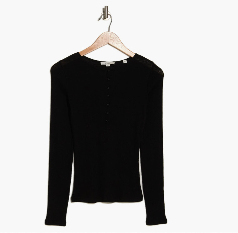 VINCE® (Women’s SMALL) Merino Wool Long Sleeved Henley Top in Black – $225