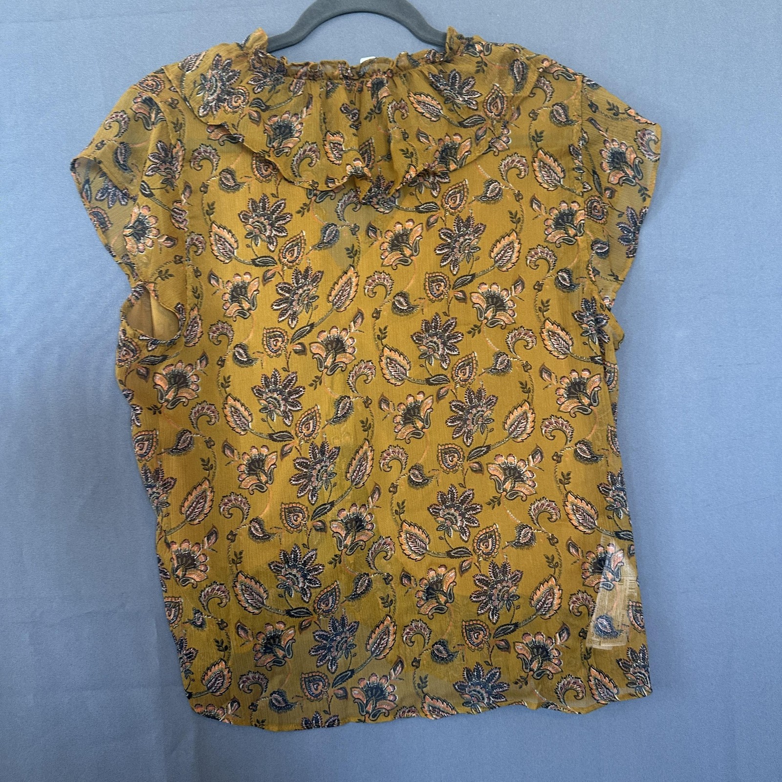 MNG Shirt Womens Large Yellow Floral Paisley Ruffle Sheer Boho Peasant Top