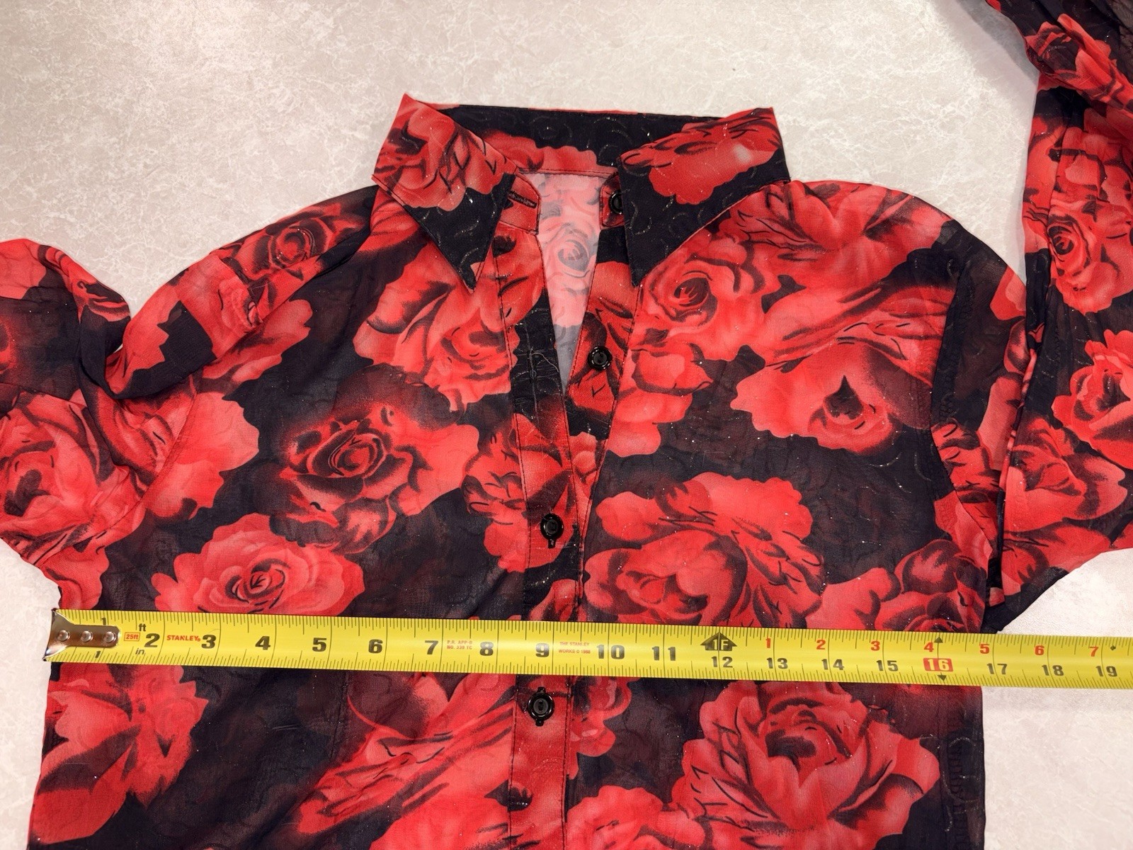 Sexy Gothic Womens S Red Black Floral Sheer Chiffon Collared Button-Up Blouse