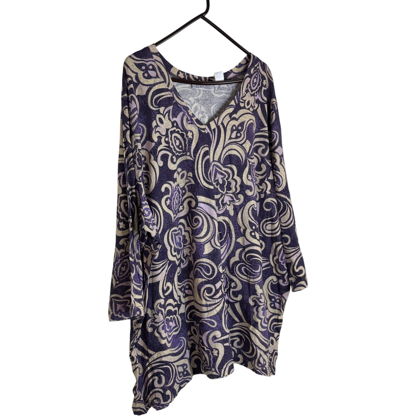 d&co Signature Womens Long Sleeve V Neck Paisley Print Tunic Top Purple Tan M