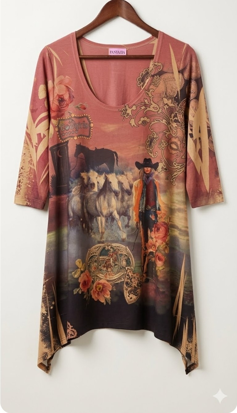 Fantazia Western Cowgirl Rose Horses Graphic Tunic Top Size L Boho Rodeo Core