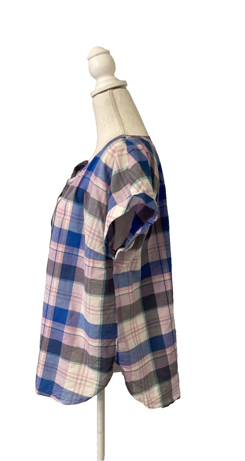 Talbots Blue Pink Black Short Raglan Sleeve 1/4 Button Tunic Top Size L