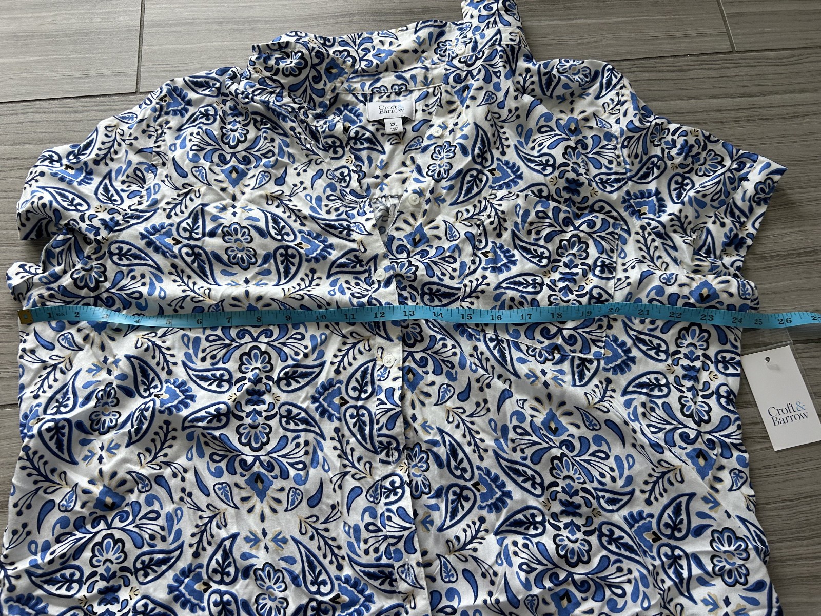 Croft & Barrow Floral Button Front Blouse White Blue Short Sleeve NWT XXL
