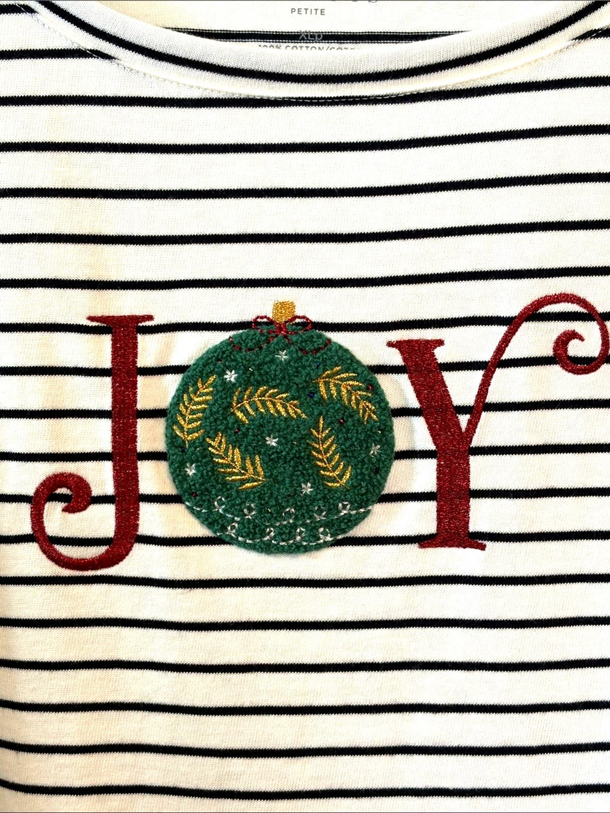 Talbots NWT Petite XL Christmas Top JOY Ornament Embroidered Stripe Cotton PXL