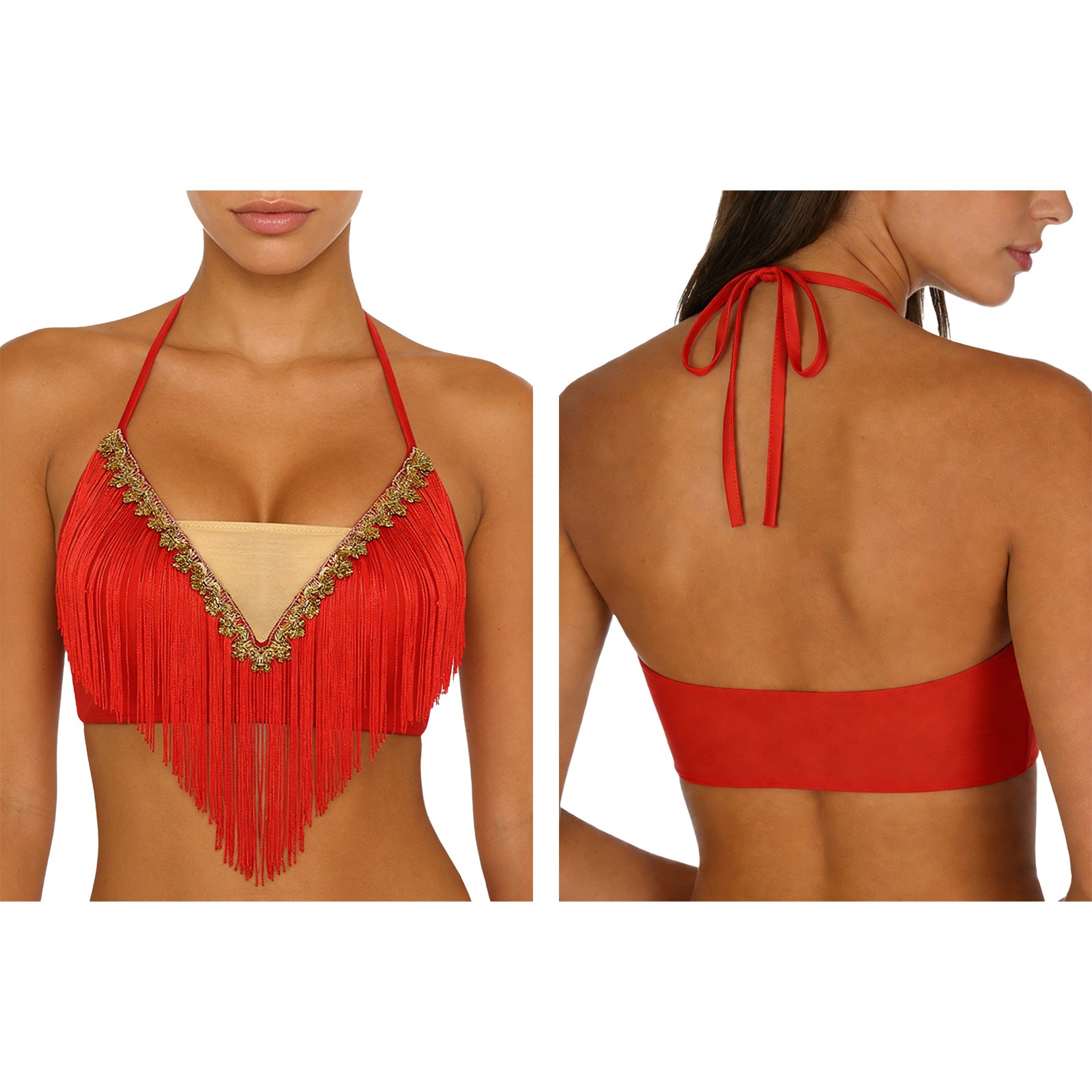 US YiZYiF Women Belly Dance Crop Top Halter Neck Tassel Bra Belly Dancer Costume
