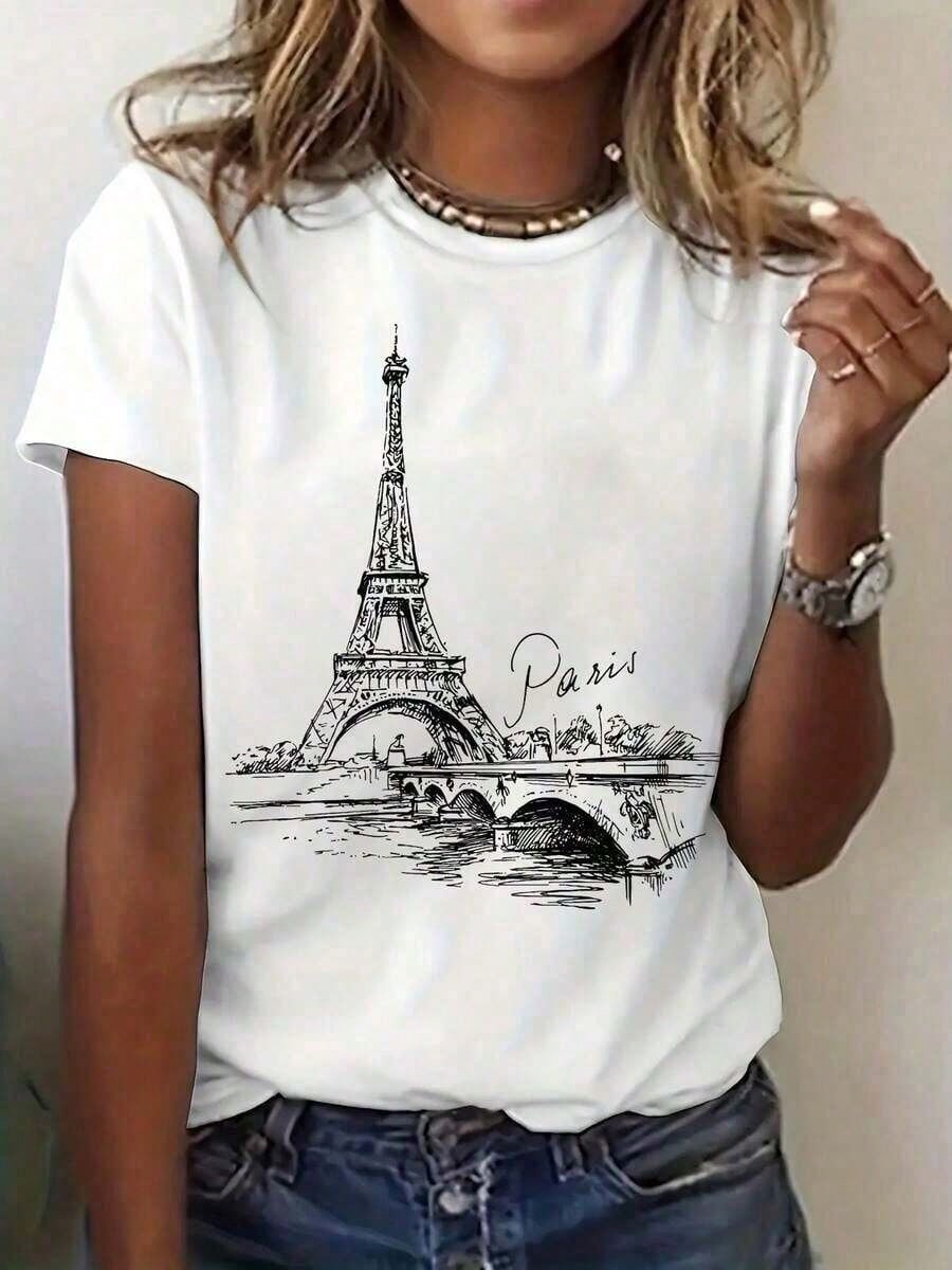 2026Women’s Paris Eiffel Tower Pattern Printed T-Shirt, Soft Breathable Fabric