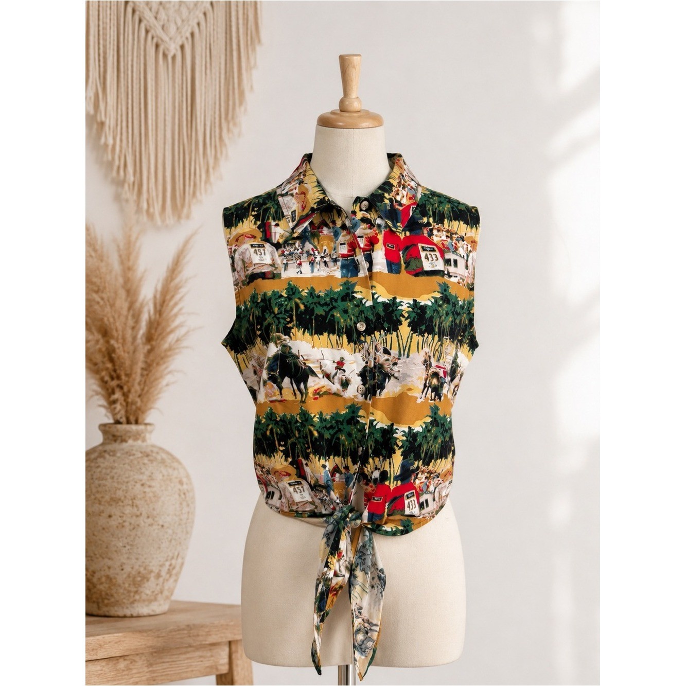 Repro Vintage Western Rodeo Print Tie Front Crop Top 100% Cotton Sleeveless Butt