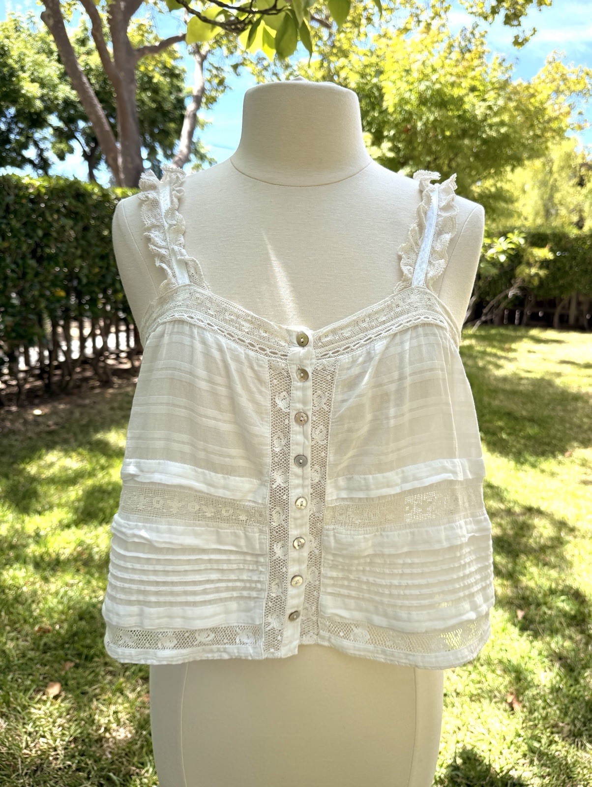 LoveShackFancy Cream Lace-Trim Button Camisole Sully Top S Cottagecore Coquette