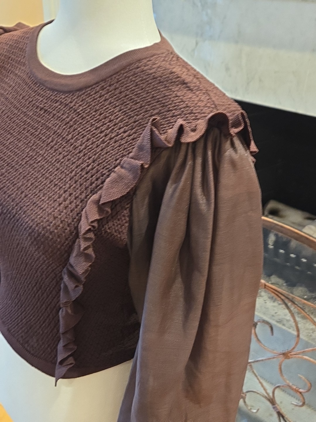 ZARA Women Organza Balloon Sleeve Brown Shirred Crop Top Shirt Size Small Ruffle
