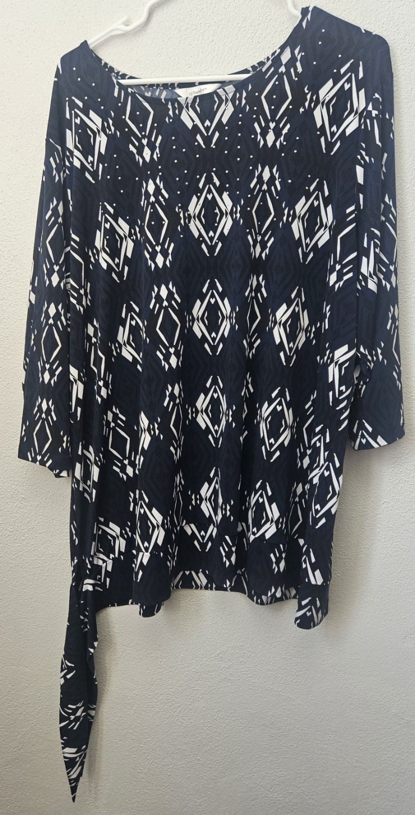 C. Banks Top Sz 3XL Navy Black & White Silver Beaded On Bodice Tie Detail At Hem