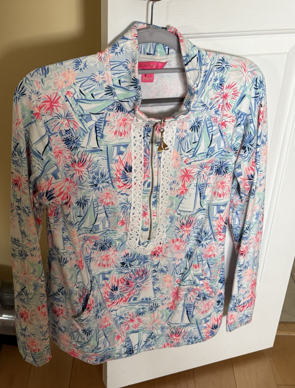 Lilly Pulitzer Womens Blue Pink/Red White Collared 1/2 Zip Pullover S