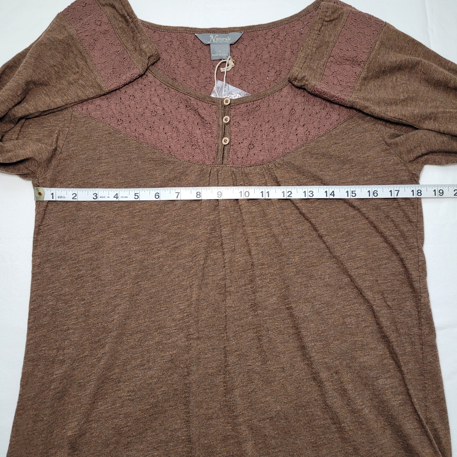 Natural Reflections Lace Trim Henley Blouse Womens Medium Brown Cottagecore Boho