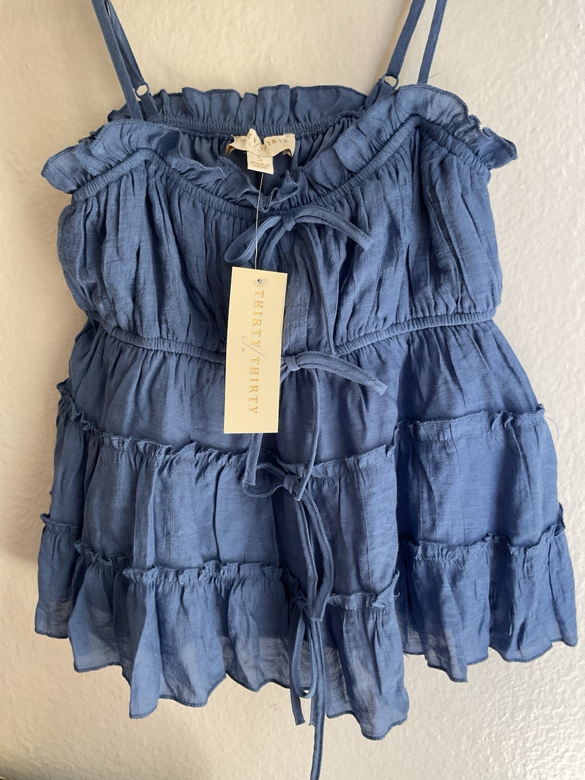 Thirty Thirty LA Blue Solid Square Neck Ruffle Tie Camisole Tank, Adjustable, S