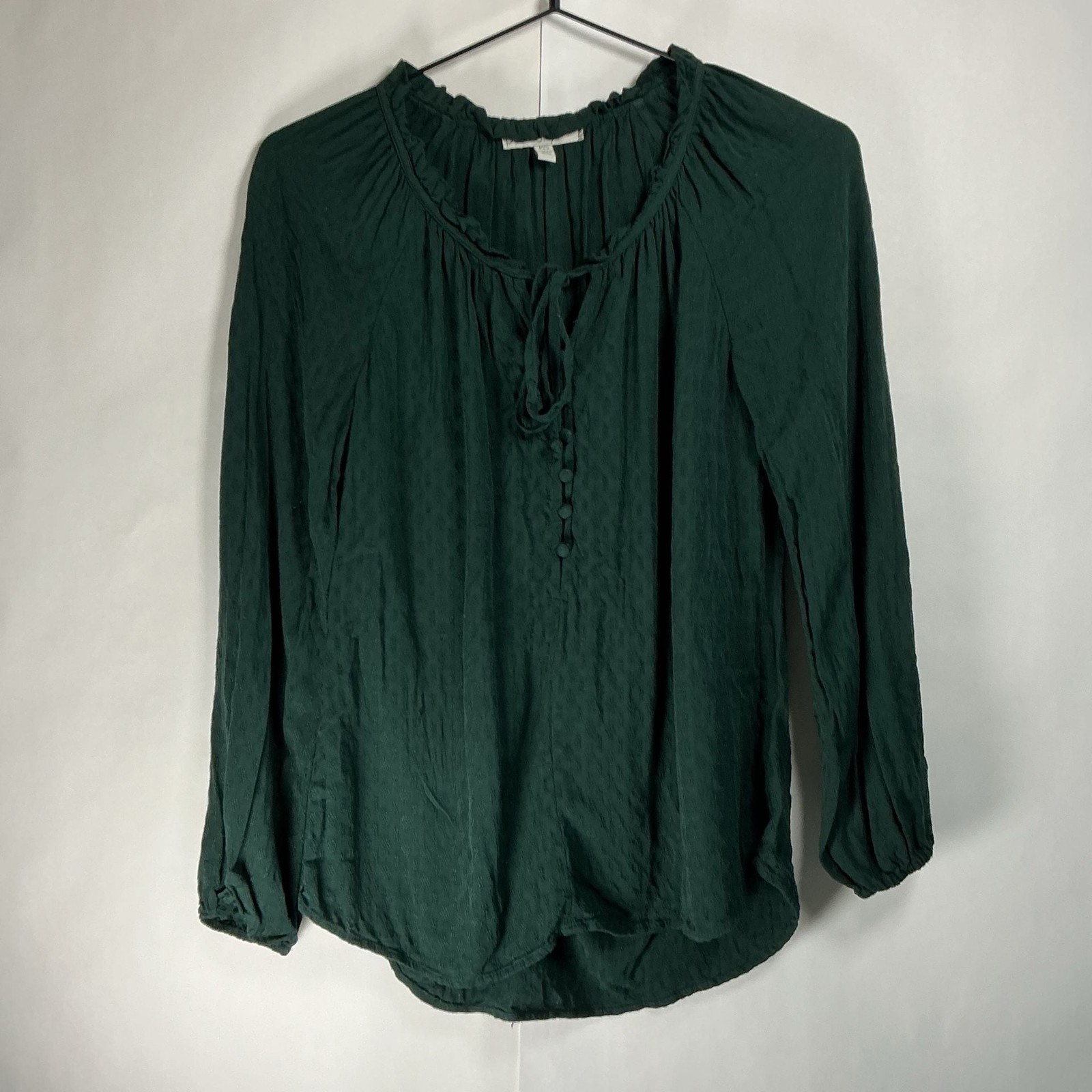 Pale Sky Hunter Green Long Sleeve Tie-Neck Peasant Blouse with Button Placket
