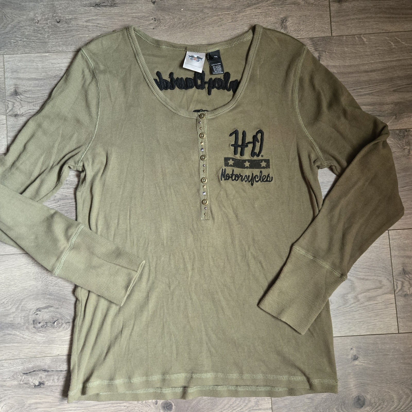 Harley Davidson Womens 2XL Henley Thermal Long Sleeve Army Olive Green Studded