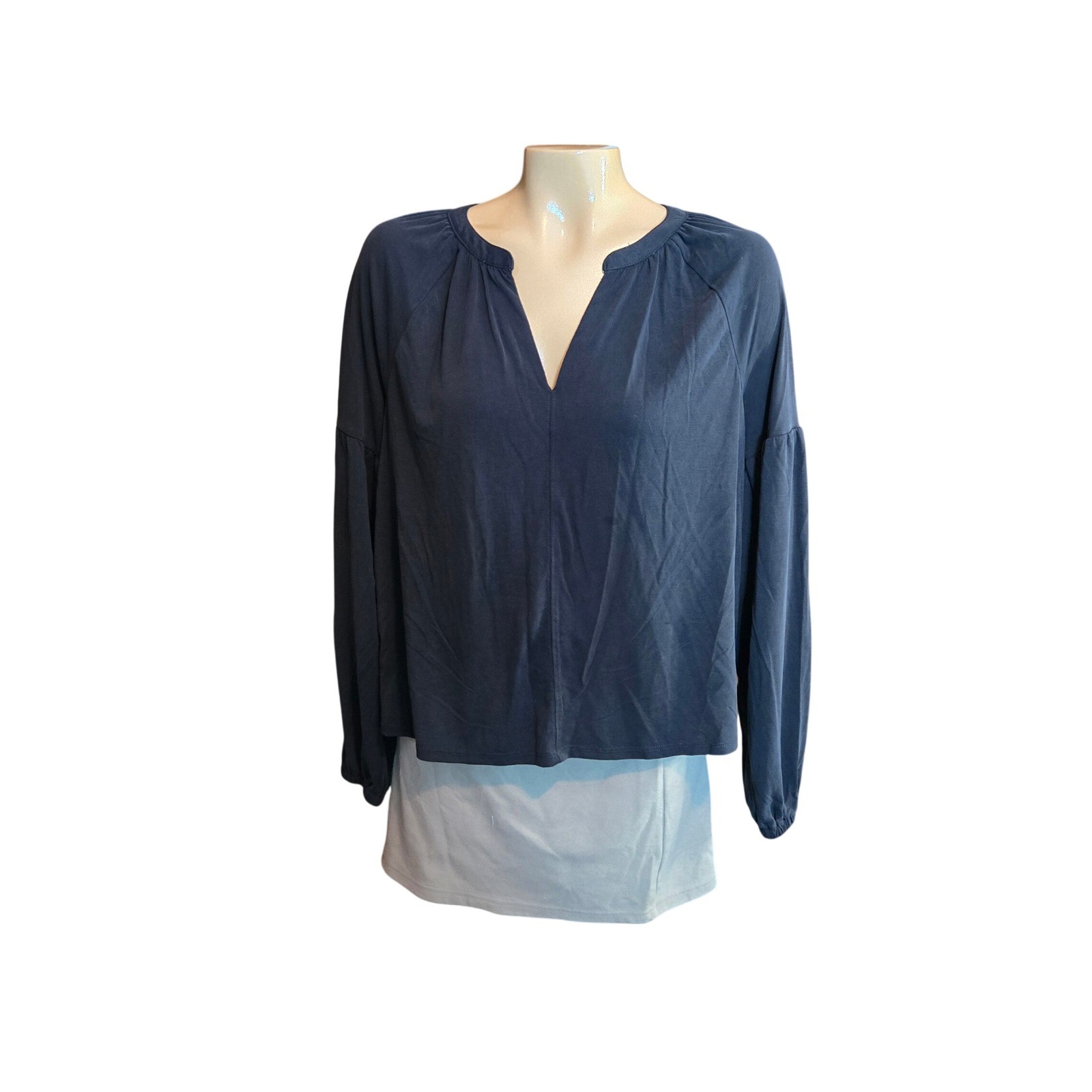 Lucky Brand Womens Split Neck Blouse Medium Black Lantern Sleeve Top Lightweight