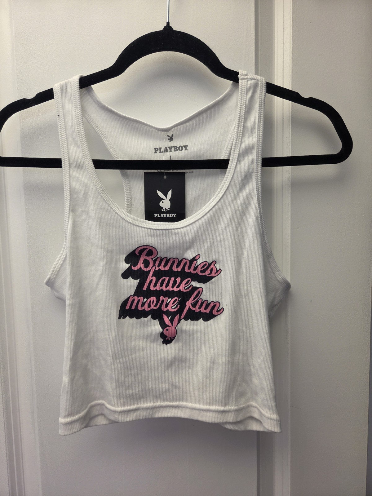 NWT Playboy Tank Top Women Bunny AOP Cropped Scoop Neck Bunnies Have More Fun