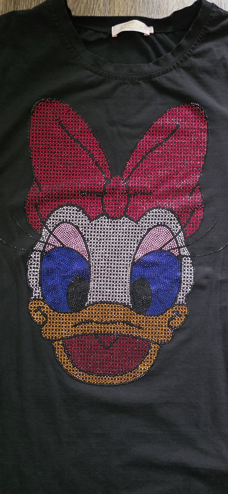 Women’s Black T-Shirt Rhinestone Daisy Duck Bling Graphic Gold Sleeve