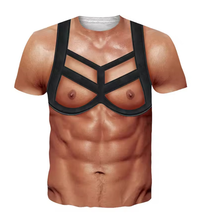 Funny 3D Fake Abs Muscle T-Shirt Sexy Body Harness Illusion All Over Print Tee