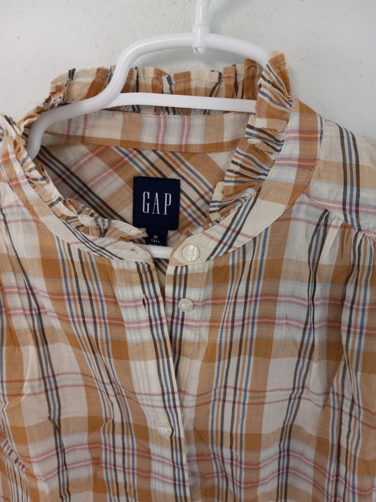 GAP Tall MT Neutral Plaid Lightweight LS Ruffle Trim Button Front Blouse NWT