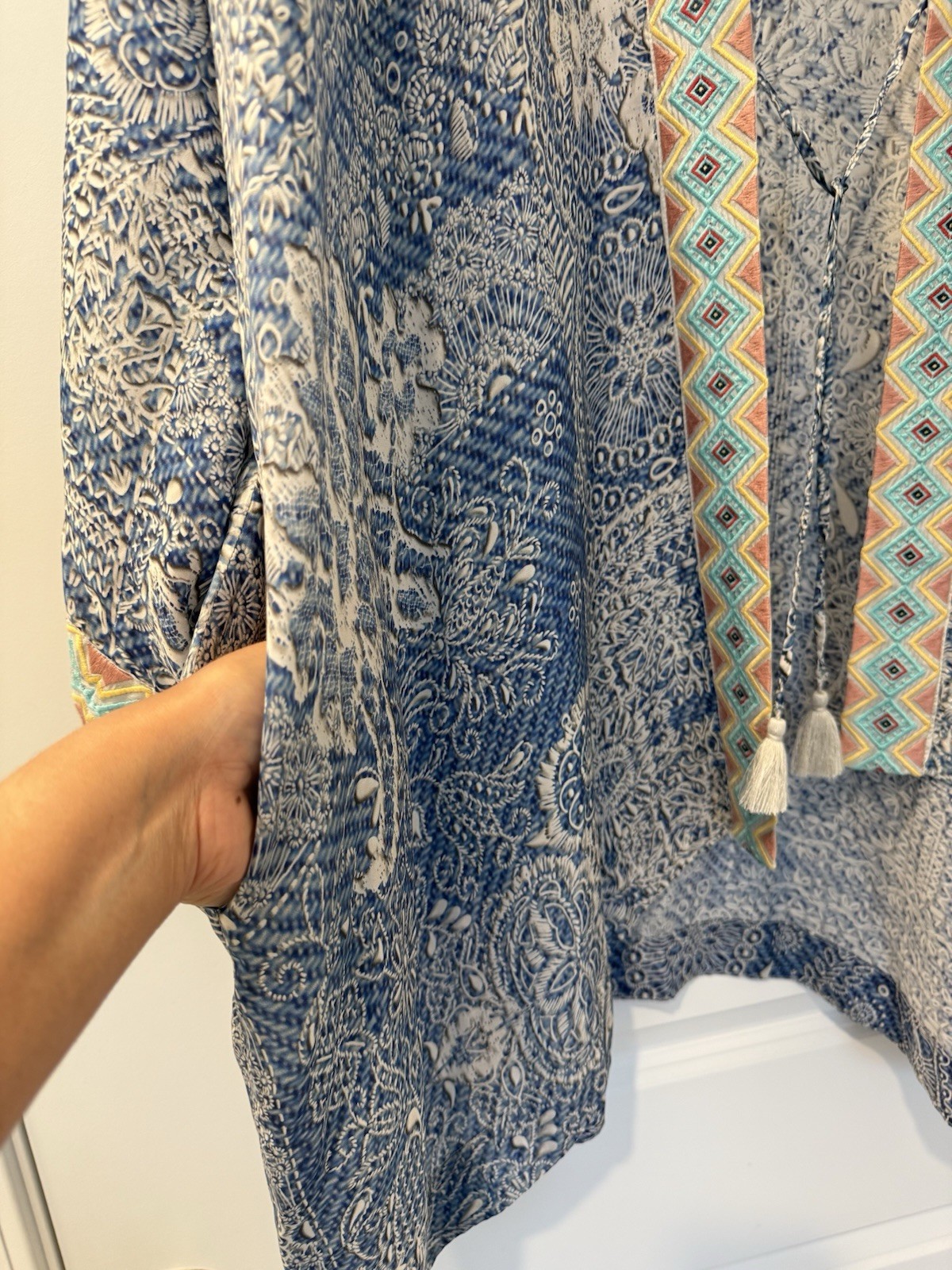 NWT Johnny Was Dolce Kimono 3D Denim Print Embroidered Pockets Blue XL New $318