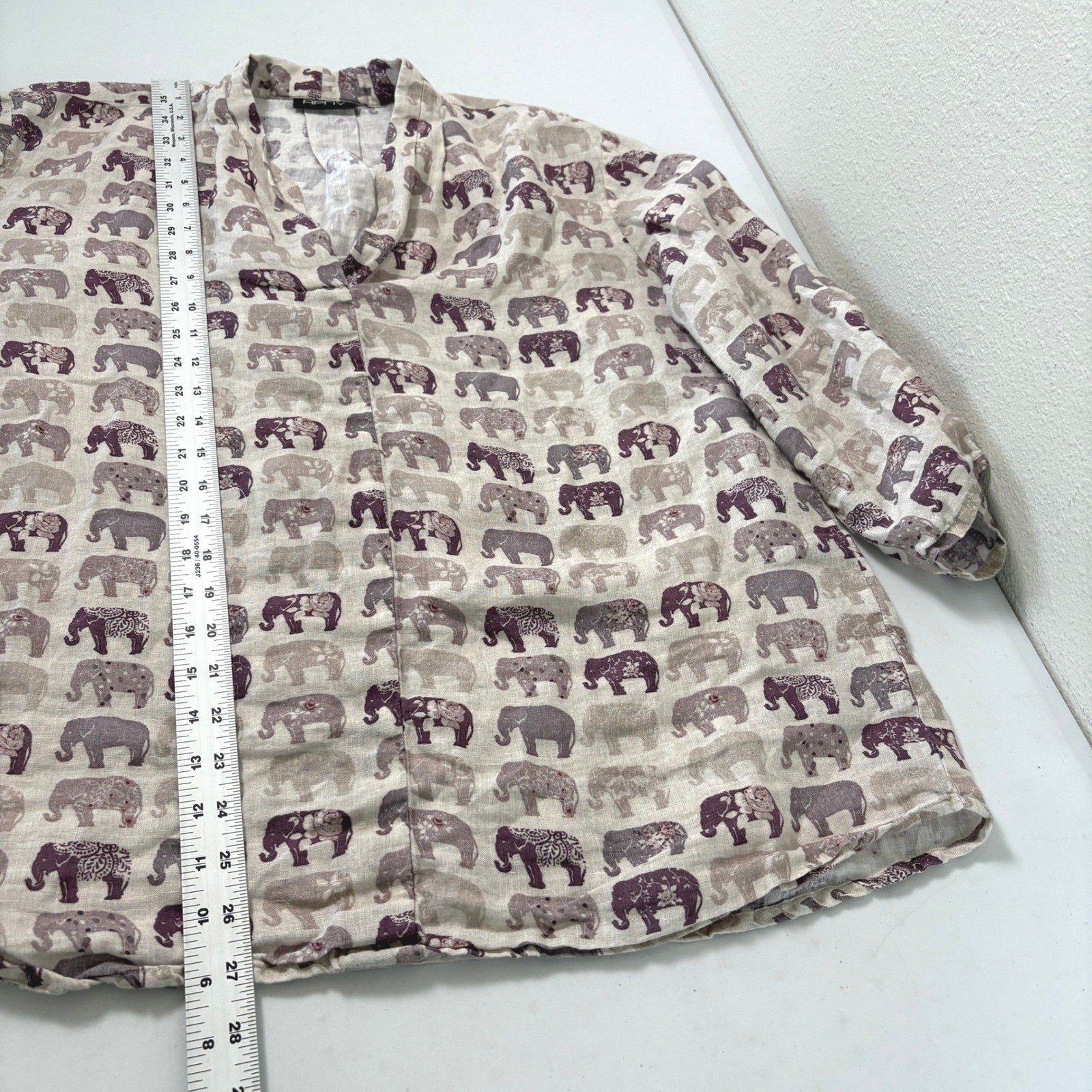 APNY Elephant Print Blouse Womens XL Purple Grey Linen Roll Tab Sleeve Top Boho