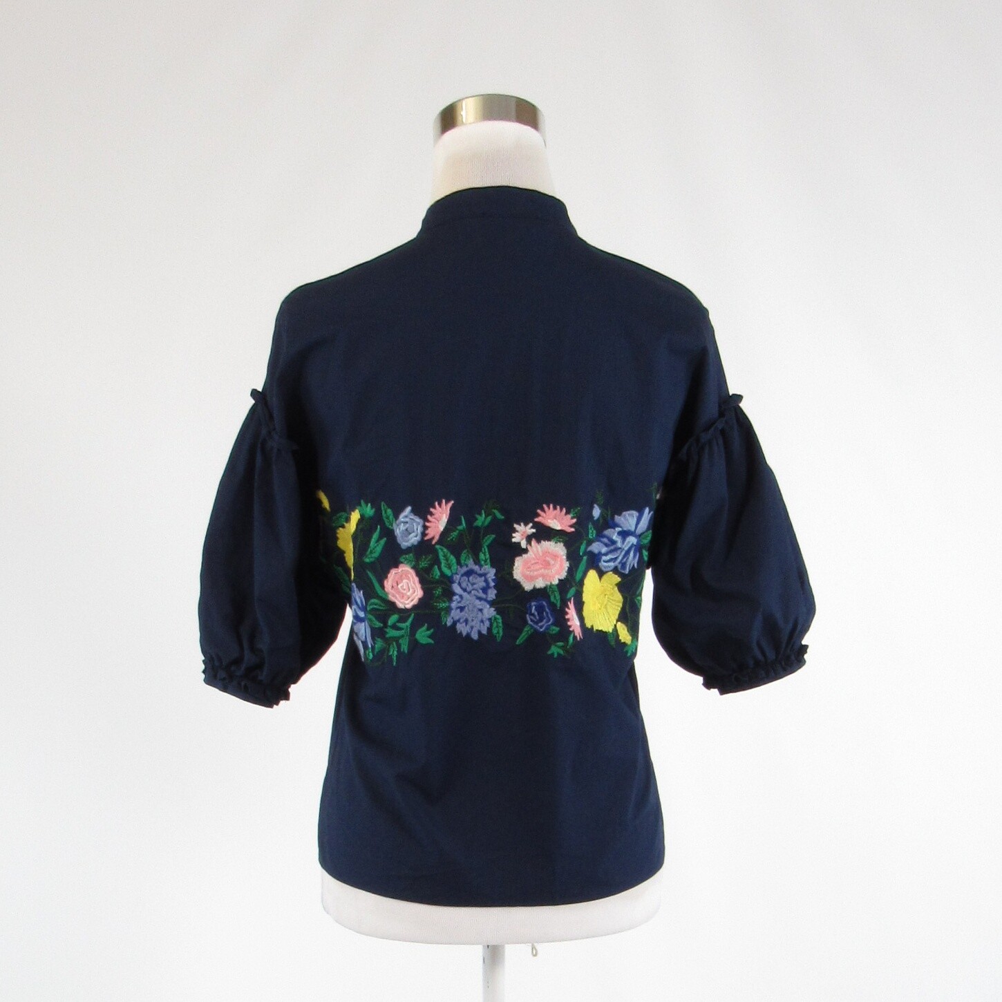 Navy blue yellow floral print 100% cotton AXEL button down blouse FR36 6
