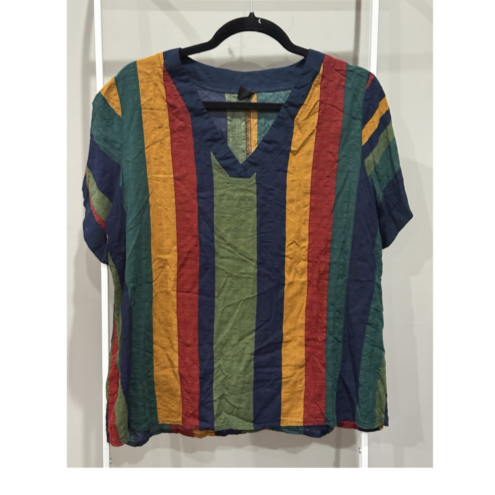 Multicolor Striped 100% Cotton V-Neck Short Sleeve Woven Top 0XL 90’s Nerdy Prep