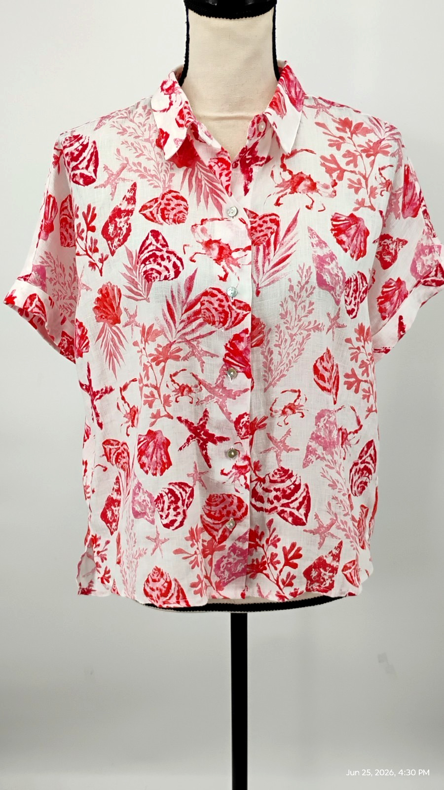 NEW C&C California 100% Linen White Red Seashell Print Boxy Shirt Short Sleeve M