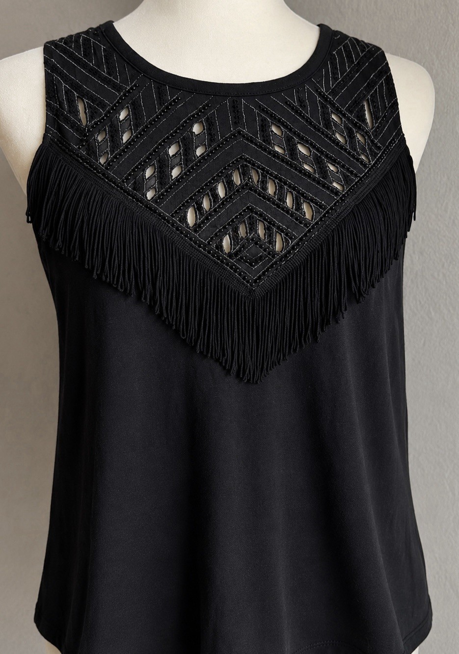 Express Black Fringe Cutout Boho Tank Top | Embellished Sleeveless Festival Top