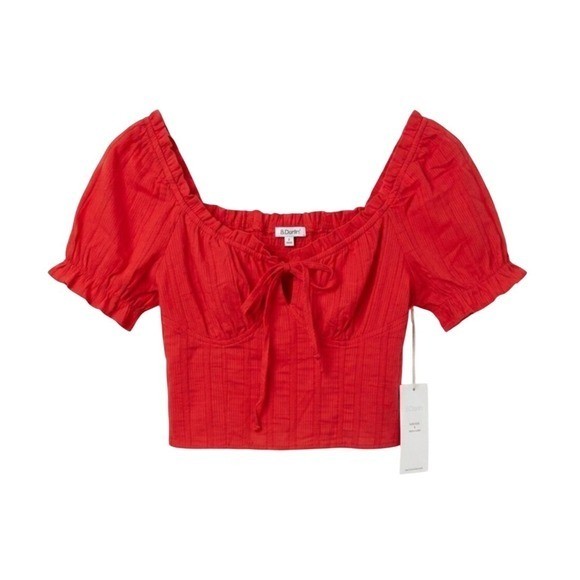 Blashe Red Tie-Front Square Neck Puff Sleeve Crop Top