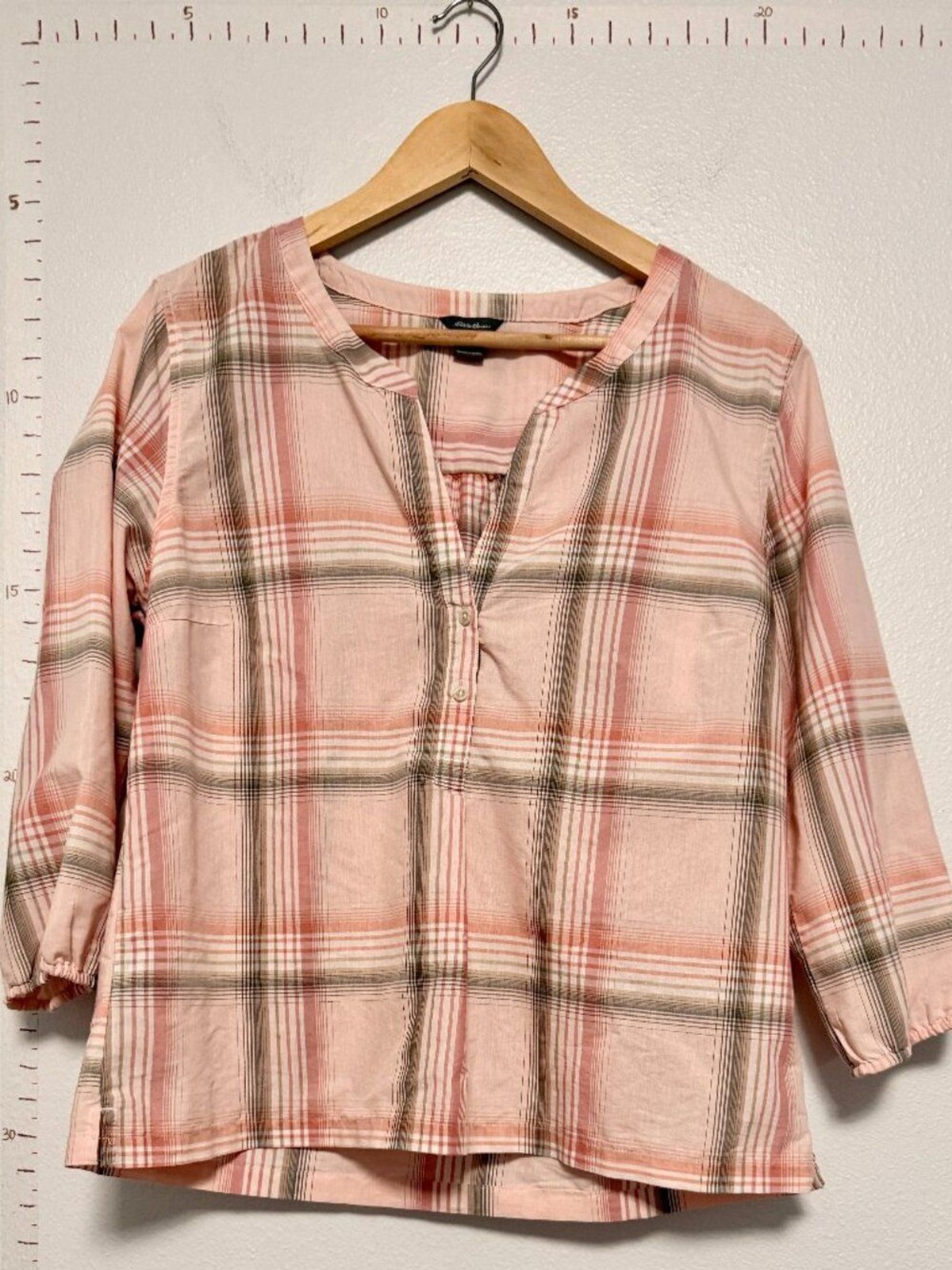 Eddie Bauer Pink Plaid Peasant Popover Blouse Cotton Size M Cabin Cottagecore
