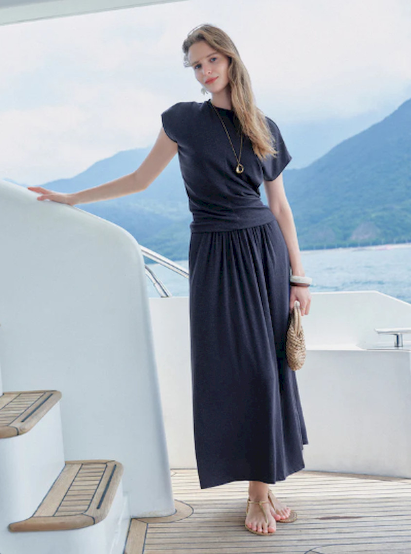 OGL 2Pcs Set Round Neck Top & A-Line Maxi Skirt