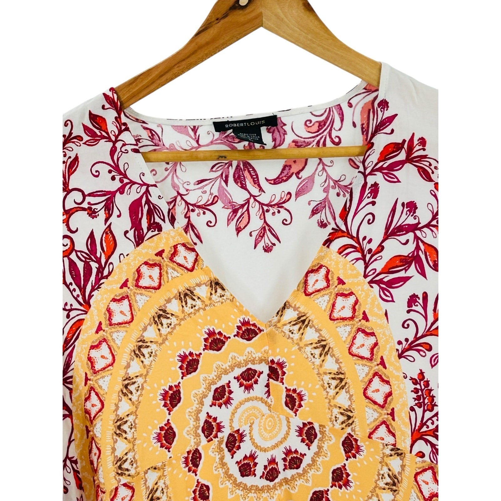 Robert Louis Boho Bell Sleeve Floral Tunic Top White Red Large