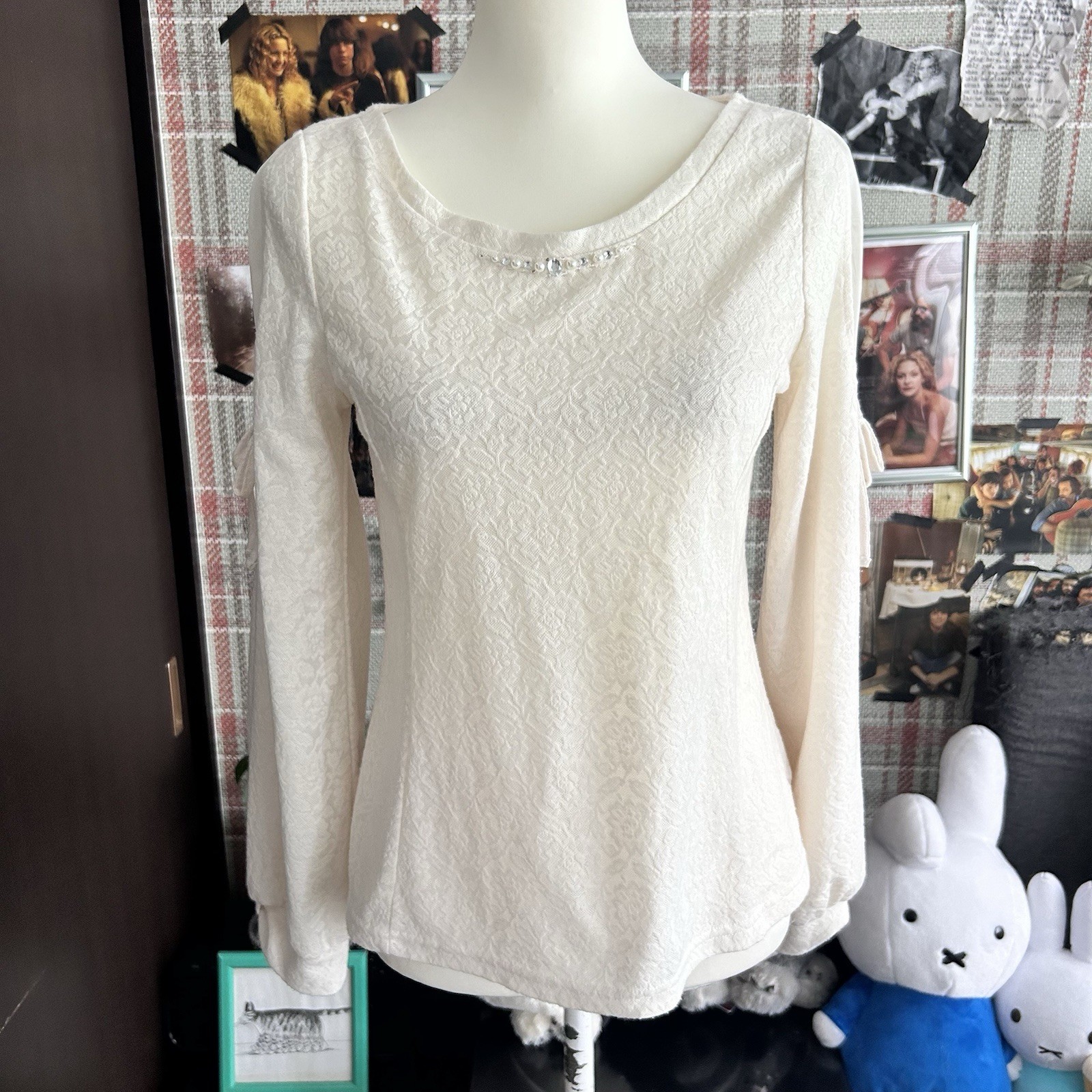Cutout Shoulder Long Sleeve Top Ribbons Jewel Embellished Elegant Aesthetic y2k