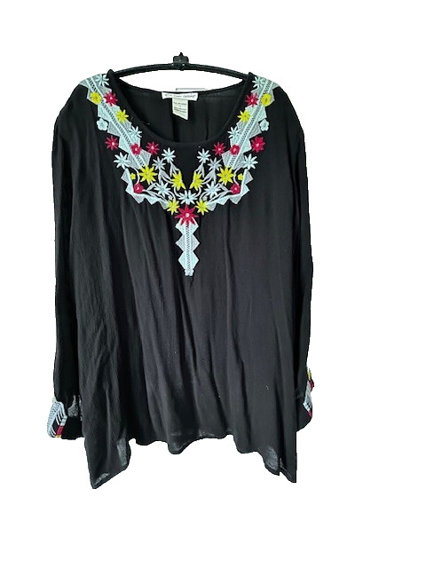 Cute Options Sz L Blouse Black Rayon Gauze Blue Red Floral Embroidery Scoop Neck