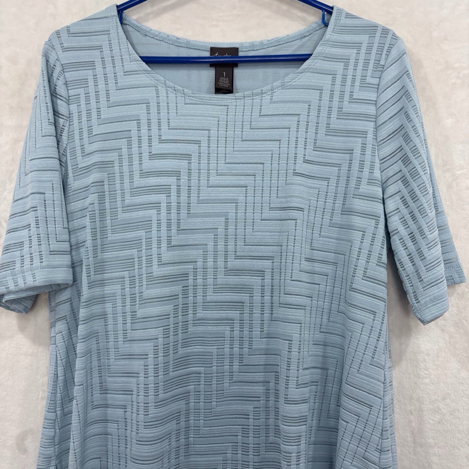 Chico’s Travelers Tunic Top Textured Tunic Sz 1 S 8 Stretch Lined Blue NEW